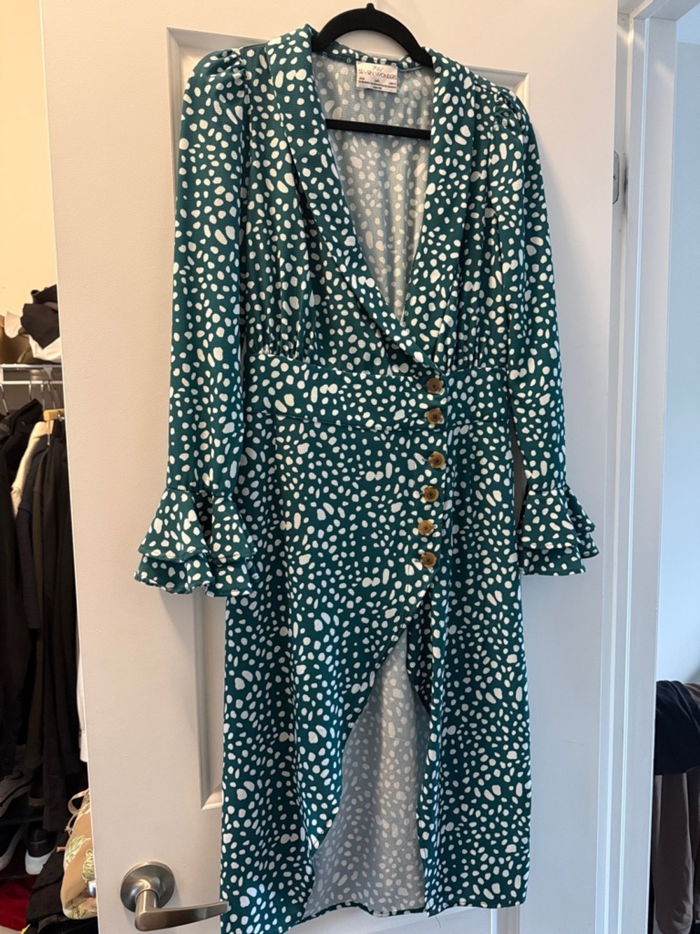 Green Polka Dot Midi Dress with Button Front